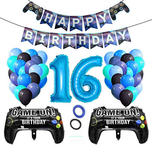 Luftballons Geburtstagsdeko Junge 16 Jahre, Techextra Videospiel Game Party Geburtstag Dekoration Zubehör Set mit Happy Birthday Banner für 16. Jahr Jungen Ballon Geburstag Deko (16 Jahr) von techextra