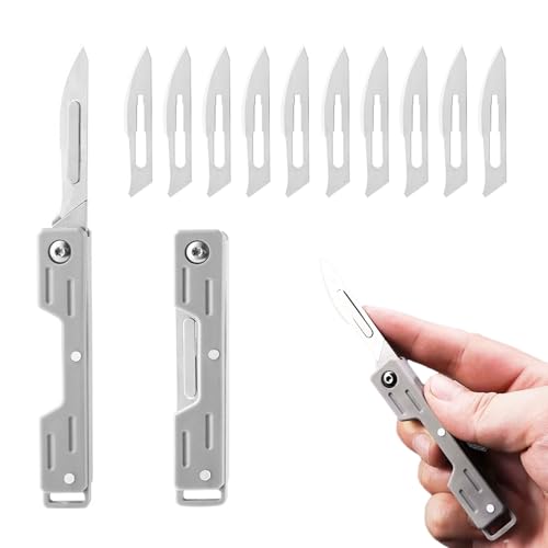 Skalpell Klappmesser mit 10 Ersatzklingen – EDC Taschenmesser aus Edelstahl, Figur 24 Klinge, Faltbares Mini-Messer für Männer & Frauen – Leichtes Utility Messer für Outdoor & Alltag, Silber von technodry