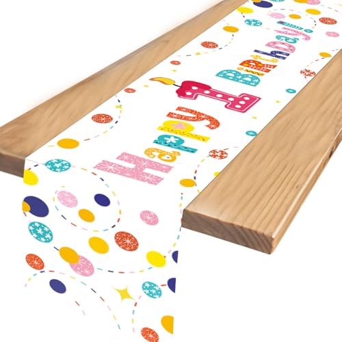 1. Geburtstag Mädchen Jungen Tischläufer Geburtstag, Erster 1 Jahr Bunt Geburtstagsdeko Tischdecke, Happy Birthday Tischläufer zum Geburtstag, Geeignet für die Kinder Geburtstags Party Deko (Weißg) von teikart