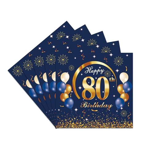 60 Stück Blau Servietten "Happy 80. Geburtstag" – Premium Deko für Männer-Geburtstag, Jubiläumsfeier Tischdeko & Partys, 33 x 33 cm von teikart
