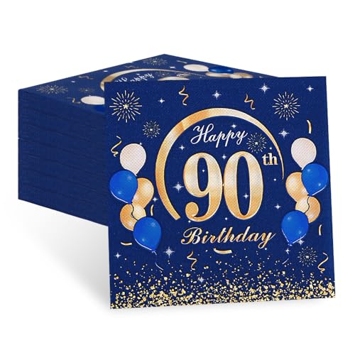 60 Stück Blau Servietten "Happy 90. Geburtstag" – Premium Deko für Jubiläumsfeiern, Tischdeko & Partys, 33 x 33 cm von teikart