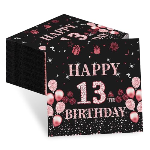 60 Stück Rosa 2-lagige Servietten "Happy 13. Geburtstag" – Premium Servietten für Teenager-Partys, Deko für Mädchengeburtstag, Tischdeko & Jubiläumsfeiern von teikart