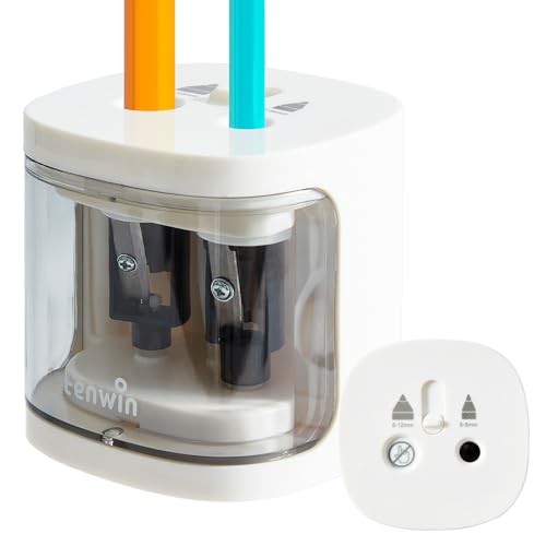 tenwin Elektrischer Bleistiftspitzer, batteriebetriebener Spitzer mit zwei Löchern für 6-12mm No.2/Buntstifte, langlebige Klinge zum schnellen Anspitzen, geeignet für Klassenzimmer/Büro/Haus (Weiß) von tenwin