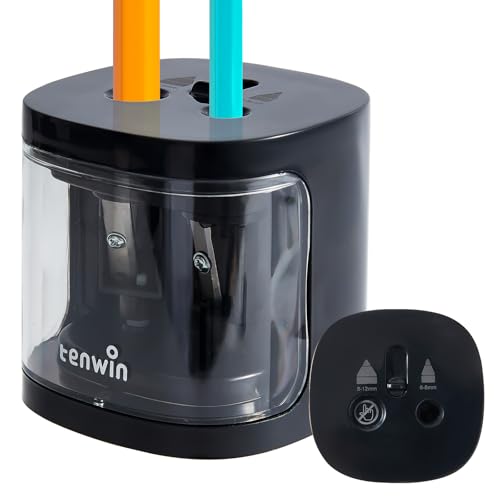 tenwin Elektrischer Bleistiftspitzer, batteriebetriebener Spitzer mit zwei Löchern für 6-12mm No.2/Buntstifte, langlebige Klinge zum schnellen Anspitzen, geeignet für Klassenzimmer/Büro/Haus (Schwarz) von tenwin