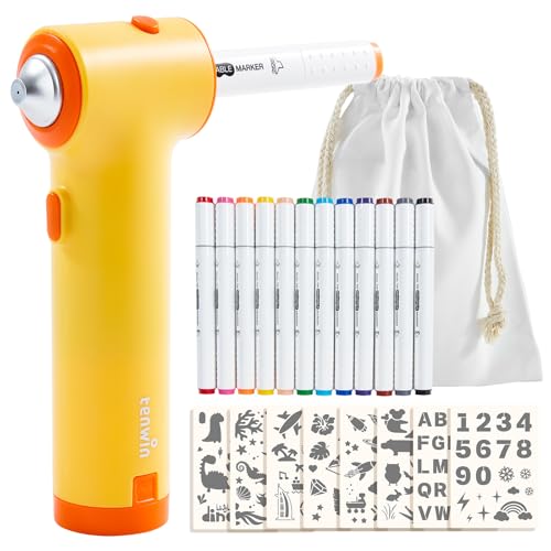 tenwin Elektrisches Airbrush Marker Set für Kinder – Batteriebetriebenes Kunst-Malset mit 12 doppelspitzigen Filzstiften, 8 Schablonen und 1 Aufbewahrungstasche, Kreatives Bastelzubehör (Gelb) von tenwin