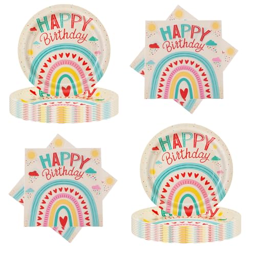 teokyat 40 Stück Pappteller Regenbogen - Pappteller Kindergeburtstag, Regenbogen Deko Kindergeburtstag, Servietten Regenbogen, Pappgeschirr Kindergeburtstag, Geburtstag Deko Mädchen Junge Frau Mann von teokyat
