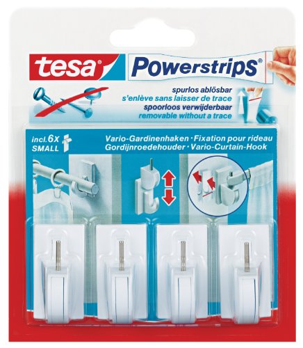 Tesa 58034-00007-00 4 Vario-Gardinenhaken inkl. Mini Powerstrips 6er Pack weiß von tesa