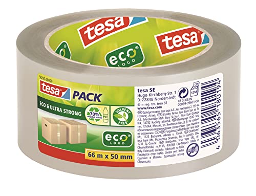 tesa Tesapack ECO und ULTRA STRONG ecoLogo - transparentes Kunststoff-Packband mit extra starker Haftkraft - umweltfreundliches Klebeband, lösemittelfrei hergestellt - 66 m x 50 mm (12 Rollen) von tesa