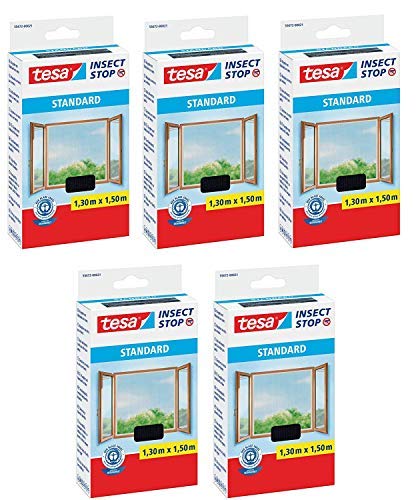 tesa® Fliegengitter Standard Klettband für Fenster 1,3m:1,5m (5er Pack), Anthrazit (Durchsichtig) von tesa