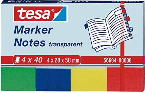 tesa® Haftnotiz Transparentmarker, 20 x 50 mm, 4farbig sortiert, 4 x 40 Blatt (4 Stück), Sie erhalten 1 Packung á 4 Stück von tesa