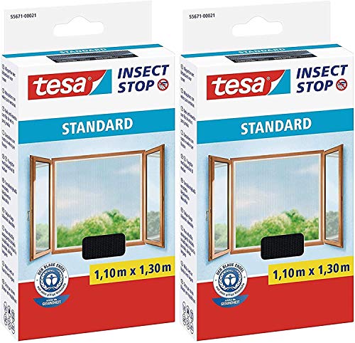 tesa® Insect Stop Fliegengitter Standard für Fenster, nahezu durchsichtig (1,1m:1,3m / 2er Pack, Anthrazit) von tesa
