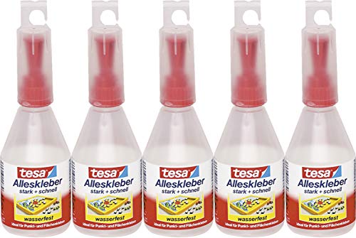 tesa Alleskleber (5x90g) - Transparenter Flüssigkleber für verschiedene Materialien - Wasserfest - Epoxidharz oder Silikon - Klebstoff, Alleskleber von tesa