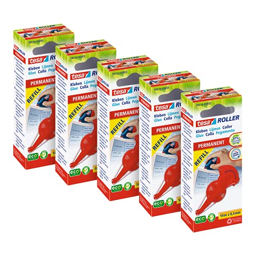 tesa Kleberoller permanent Nachfüllkassette im 5er Pack - Extra stark - Refill für den tesa Kleberoller - je 14 m x 8,4 mm - Multipack mit 5 Kassetten von tesa
