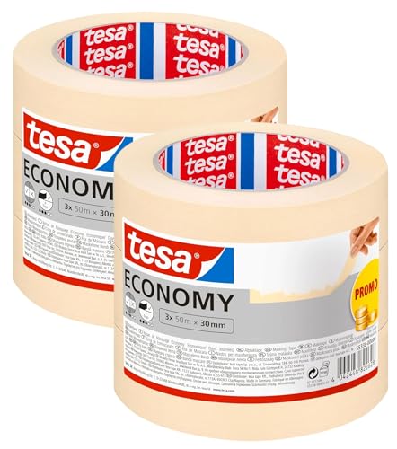 tesa Malerband ECONOMY - Vielseitiges Klebeband für Malerarbeiten ohne Lösungsmittel - Bis zu 4 Tage nach Gebrauch rückstandslos entfernbar (50m x 30mm | 3 Rollen, 2er Pack) von tesa