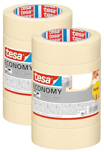tesa Malerband ECONOMY - Vielseitiges Klebeband für Malerarbeiten ohne Lösungsmittel - Bis zu 4 Tage nach Gebrauch rückstandslos entfernbar (50m x 30mm | 5 Rollen, 2er Pack) von tesa