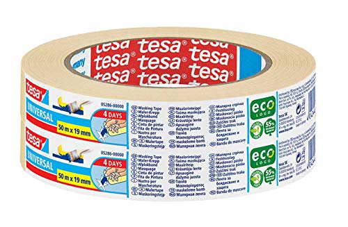tesa Malerband UNIVERSAL - Vielseitiges Klebeband für Malerarbeiten ohne Lösungsmittel - Bis zu 4 Tage nach Gebrauch rückstandslos entfernbar - schmal (2 Rollen / 50m x 19mm) von tesa