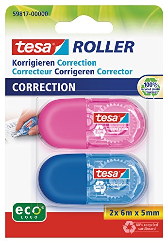 tesa Mini Korrekturroller ecoLogo - Band zur Korrektur auf Papier - Klein und ergonomisch - 6 m x 5 mm - Blau/Pink - 2er Pack von tesa