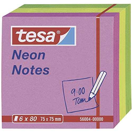 tesa Notes Haftnotizen neon, lösungsmittelfrei, stark haftend, rückstandsfrei ablösbar, 6 x 80 Blatt, grün/gelb/pink, 75 mm x 75 mm von tesa