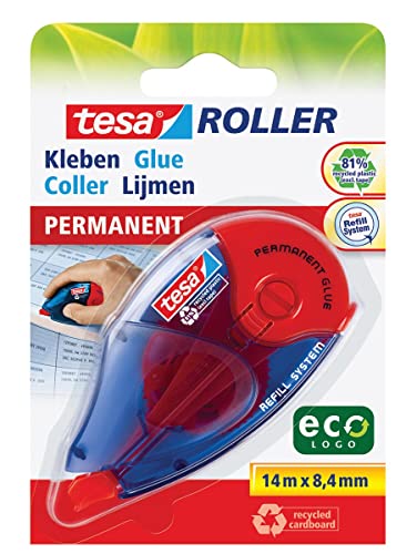 tesa Roller Kleben Permanent ecoLogo - Nachfüllbarer Kleberoller mit reißfestem Band & doppelseitigem Klebefilm - lösungsmittelfrei - 14 m x 8,4 mm von tesa