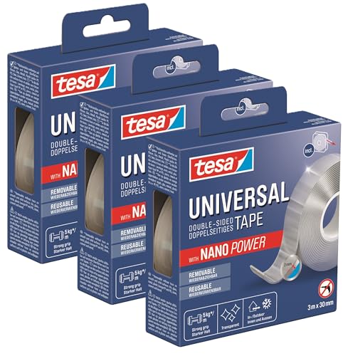 tesa Universal Nano Tape - transparentes, doppelseitiges Klebeband - leicht wiederablösbar und wiederverwendbar - wetterfest, für In- und Outdoor - 3 m x 30 mm (3er Pack) von tesa