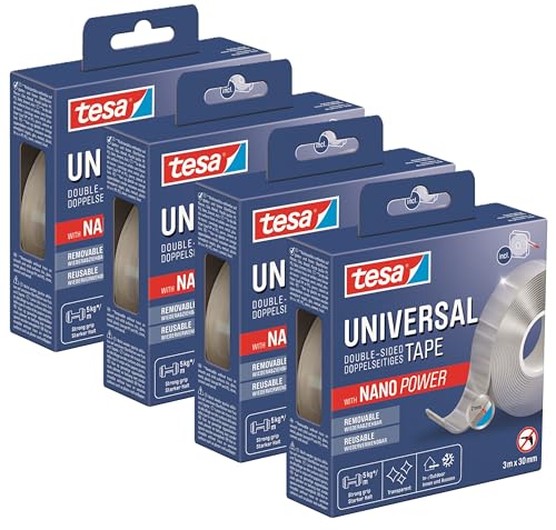 tesa Universal Nano Tape - transparentes, doppelseitiges Klebeband - leicht wiederablösbar und wiederverwendbar - wetterfest, für In- und Outdoor - 3 m x 30 mm (4er Pack) von tesa