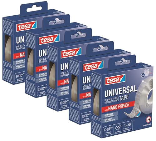 tesa Universal Nano Tape - transparentes, doppelseitiges Klebeband - leicht wiederablösbar und wiederverwendbar - wetterfest, für In- und Outdoor - 3 m x 30 mm (5er Pack) von tesa