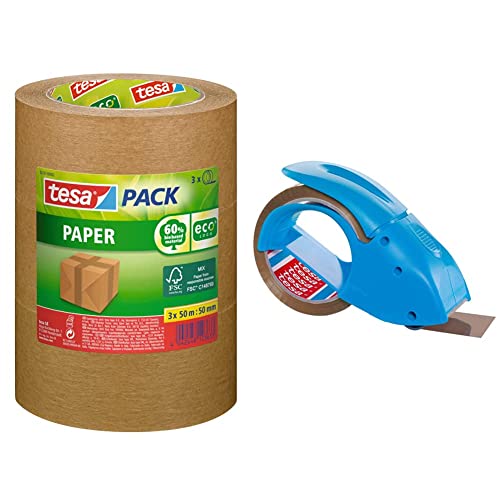 tesapack® Paper ecoLogo im 3er Pack - Umweltgerechtes Paketband aus Papier & Abroller Pack' n' Go - Ergonomischer, blauer Handabroller für Paketbänder - Inklusive 50 m x 48 mm Klebeband von tesa