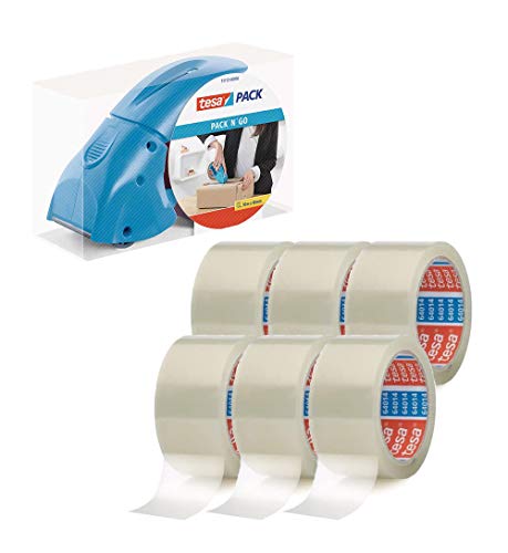 tesapack Abroller Pack' n' Go - Ergonomischer, blauer Handabroller für Paketbänder - Inklusive 50 m x 48 mm Klebeband (1 Abroller blau + 6 Rollen) von tesa