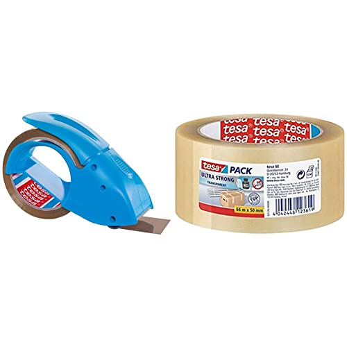tesapack Abroller Pack' n' Go - Ergonomischer, blauer Handabroller für Paketbänder & pack Ultra Strong - PVC-Klebebänder für festes Verpacken und sicheres Bündeln - Transparent - 66 m x 50 mm von tesa