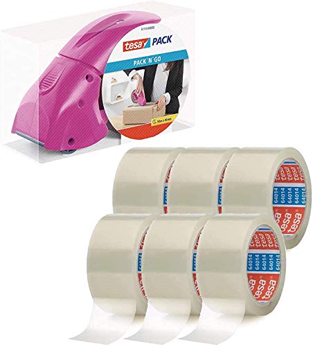 tesapack Abroller Pack' n' Go - Ergonomischer, pinker Handabroller für Paketbänder - Inklusive 50 m x 48 mm Klebeband (1 Abroller + 6 Rollen) von tesa