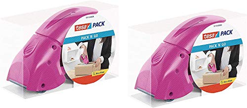 tesapack Abroller Pack' n' Go - Ergonomischer, pinker Handabroller für Paketbänder - Inklusive 50 m x 48 mm Klebeband (2 Abroller) von tesa