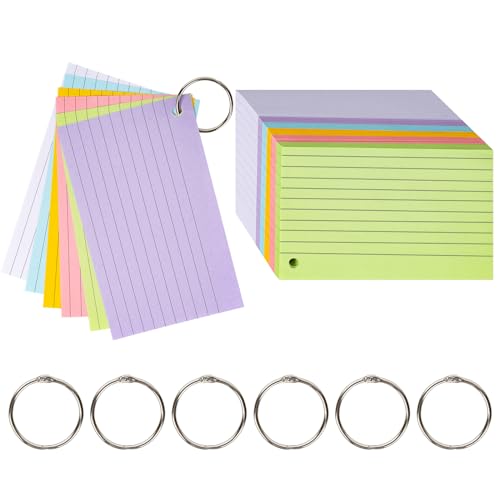 testyu 500 Stück Karteikarten a6 mit Ring - Beidseitig Beschreibbar und Verdickung Papiermaterial Perfekt zum Lernen, Notieren und Memos und Listen, 6 lebhafte Farben in Einem Set (6 * 4in) von testyu
