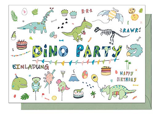20 Einladungskarten Kindergeburtstag: "Dino Party" Dinosaurier Geburtstagseinladungen Einladungen Geburtstag Kinder Mädchen (20 Karten mit 20 passenden Umschlägen Briefumschlägen) von the lazy panda card company