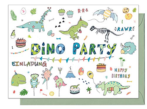 20 Einladungskarten Kindergeburtstag: "Dino Party" Dinosaurier Geburtstagseinladungen Einladungen Geburtstag Kinder Mädchen (20 Karten mit 20 passenden Umschlägen Briefumschlägen) von the lazy panda card company