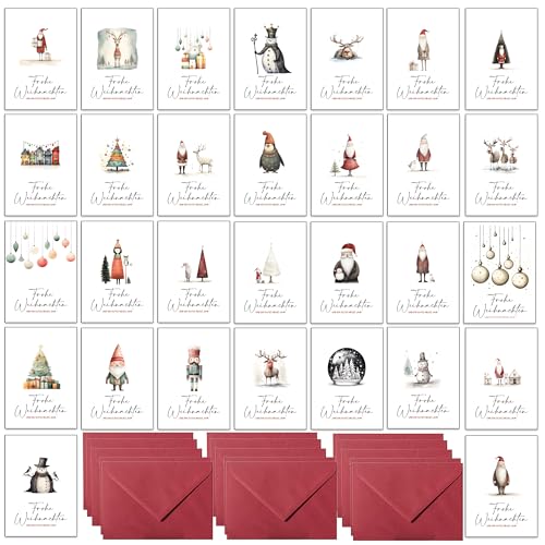 Weihnachtskarten mit Umschlag Set 30 Skurrile Weihnachtsmänner und lustige Rentiere - Klappkarten Weihnachtsgrußkarten von the lazy panda card company