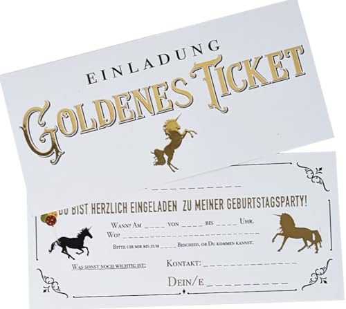 the lazy panda card company 20 x Goldenes Ticket Einladungskarten für Kindergeburtstage mit Umschlägen (Einhorn) von the lazy panda card company