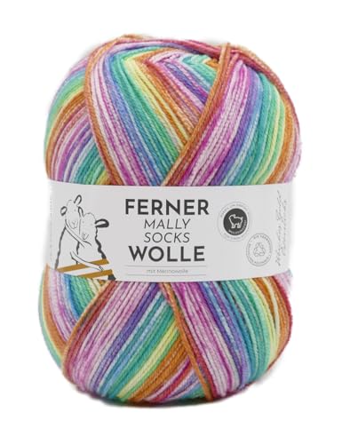 Ferner Mally Socks Wolle mit Merinowolle, Sockenwolle Regenbogen Farbverlauf, 150 g Sockengarn, Strumpfwolle Nadelstärke 3,5 bis 4 mm, mulesingfrei (736) von theofeel