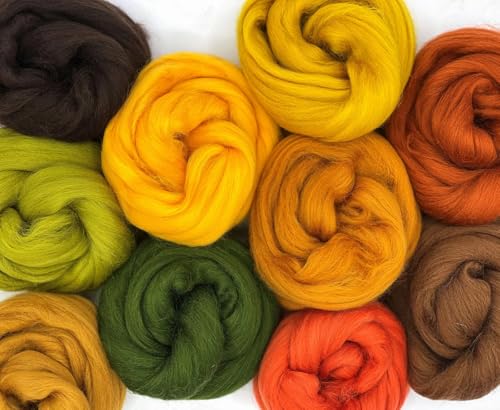 Kammzug Merinowolle mulesingfrei, Filzwolle, Märchenwolle zum filzen, 250 g Set 10 x 25 g, 100% Wolle, Bastelwolle, trockenfilzen, nassfilzen, nadelfilzen, spinnen, weben (Autumn Leaves) von theofeel
