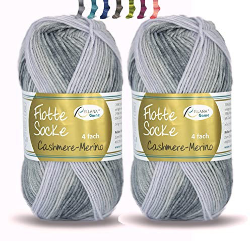 theofeel Set | Sockenwolle mit Kaschmir 4-fädig 2x50g | Sockengarn Rellana Flotte Socke Cashmere Merino | Strumpfwolle aus Merinowolle und Kaschmirwolle (1322 grau degradé (2x50g)) von theofeel