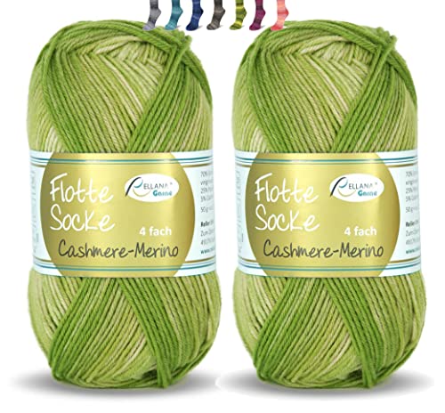 theofeel Set | Sockenwolle mit Kaschmir 4-fädig 2x50g | Sockengarn Rellana Flotte Socke Cashmere Merino | Strumpfwolle aus Merinowolle und Kaschmirwolle (1327 grün degradé (2x50g)) von theofeel