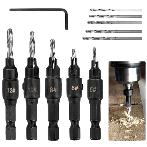5 Stück Kegelsenker Bohrer-Set, Senker Bohrer Set für Holzbearbeitung, HSS-Spiralbohrer mit einem Schraubenschlüssel, Abnehmbare Tiefenverstellbare, für #5, 6, 8, 10, 12 Schrauben 5 Stück Kegelsenker Bohrer-Set, Senker Bohrer Set für Holzbearbeitung, HSS-Spiralbohrer mit einem Schraubenschlüssel, Abnehmbare Tiefenverstellbare, für #5, 6, 8, 10, 12 Schrauben von thirei