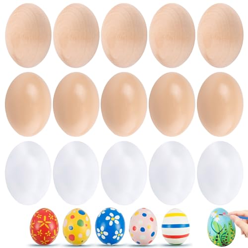 Hölzerne Eier, 15 Stück Groß Hölzerne Eier, Holz Ostereier Eier, Ostereier, 3 Farben Eier aus massivem Holz, Ostereier Ostern zum Basteln Vollholz, Eier Holzeier, zum Handbemalen DIY Basteln von thirei