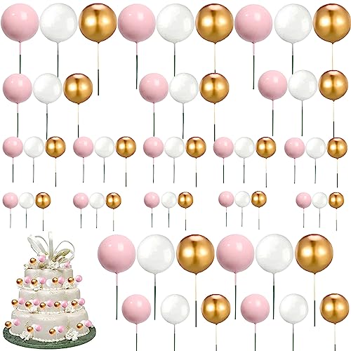 Tortendeko Kugeln, 60 Stück Kuchen Dekoration Kugel, Schaumkugeln Cupcake Topper, DIY Kuchen Topper, 1 Set mit 3 Farben und 4 Größen, für Geburtstag Hochzeit Bedarf Deko(Rosa) von thirei