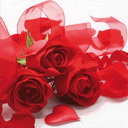 Servietten Papier 33x33cm 3-lagig 20 Stück - hochwertig & nachhaltig - Einweg Hochzeitsservietten - Papierservietten für Hochzeit Gastronomie Alltag - rote Rosen mit Herz von ti-flair