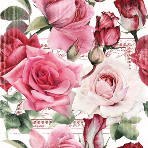 Servietten Papier 33x33cm 3-lagig 20 Stück - hochwertig & nachhaltig - Einweg Hochzeitsservietten - Papierservietten für Hochzeit Gastronomie Alltag - Rosen mit Briefmarke Rot Rosa Hellrosa von ti-flair