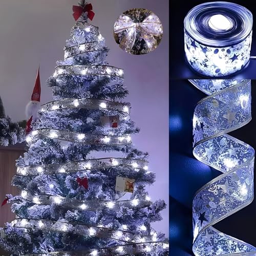 tidsoei Weihnachtsbaumschmuck, 20 m, 200 LEDs, silberfarben, batteriebetrieben, Kupferdraht, Schleifen für Weihnachten, Neujahr, Dekoration (silberfarbenes Band, weiße Lichter) von tidsoei