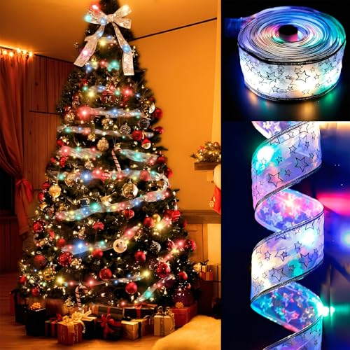 tidsoei Weihnachtsbaumschmuck, 20 m, 200 LEDs, silberfarbenes Band, buntes Lichtband, batteriebetriebene Kupferdrahtschleifen für Weihnachten, Neujahr, Dekoration (silberfarbenes Band, bunte Lichter) von tidsoei