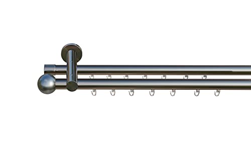 tilldekor Innenlauf Gardinenstange nach Maß, Formentor 2-läufig Edelstahl-Optik, 16mm Durchmesser, auf Maß gefertigt, 130 cm, inkl. Trägern und Endstücken von tilldekor