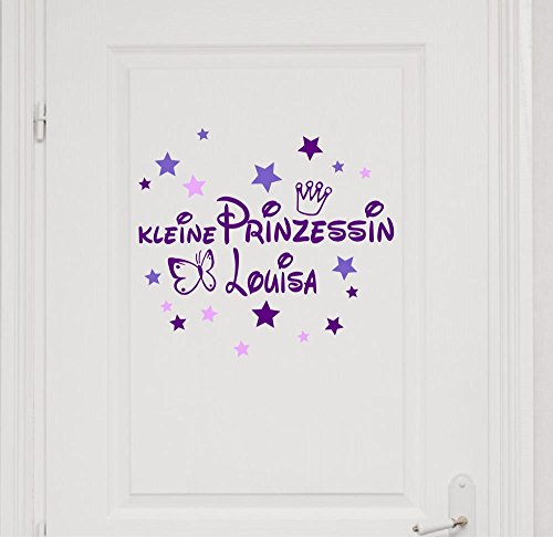 Wandtattoo Türaufkleber mit Namen, ~Kleine Prinzessin mit Schmetterling ~ 73008-29cm-tricolore-violett, mit bunten Sternen fürs Mädchenzimmer, Kinderzimmer Mädchen von timalo