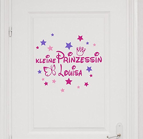 Wandtattoo Türaufkleber mit Namen, ~Kleine Prinzessin mit Schmetterling und Krone ~ 73008-29cm-tricolore-pink, mit bunten Sternen fürs Mädchenzimmer, Kinderzimmer Mädchen von timalo
